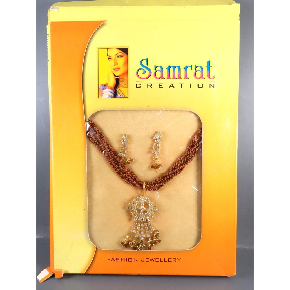 INDIAN BOLLYWOOD Kundan Bridal Set NECKLACE EARRINGS Gold Bronze CLEAR STONES